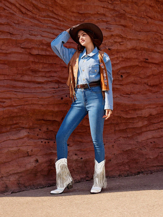 Women's Fashionable Party Personalized Rivet & Tassel Mid-Calf Boots Cowboy Boots