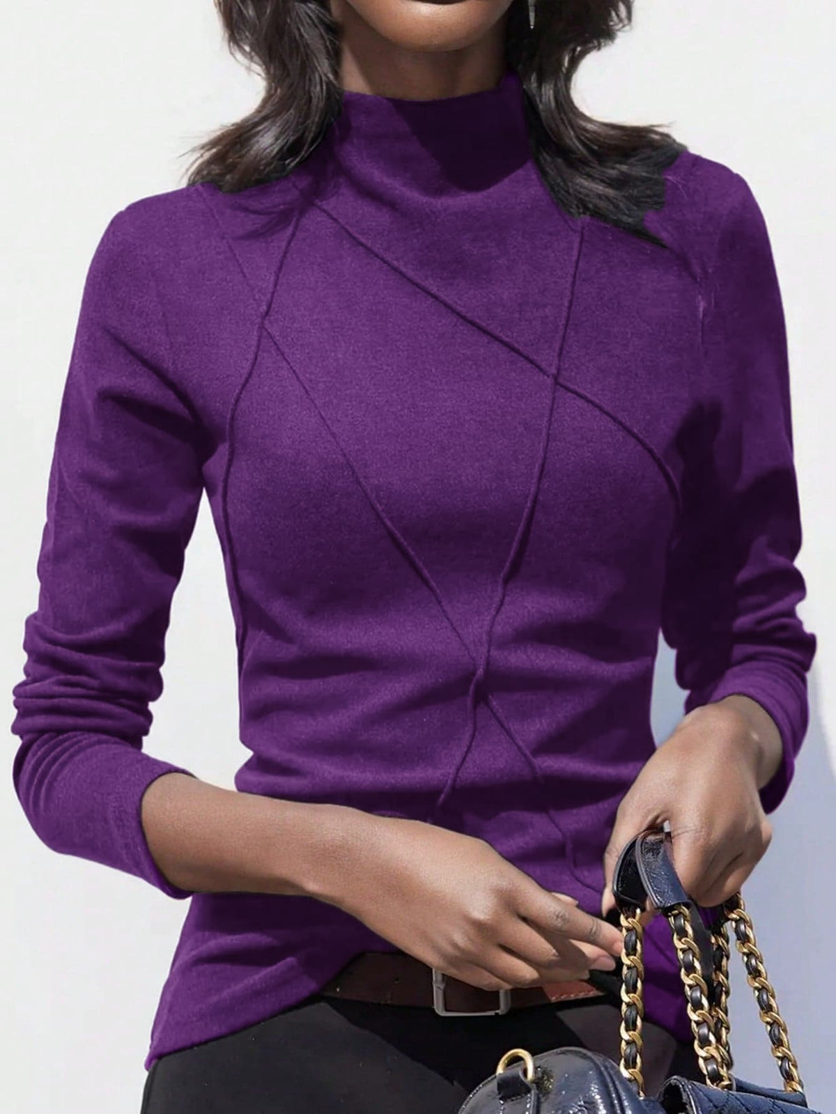Women's Thicken Fleece Turtleneck Thermal Undershirt, Stylish Splice Rib Knit Design