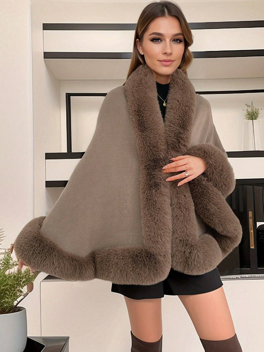 1 Pc Acrylic Knit Imitation Mink Collar Solid Color Cape Poncho, Elegant Vintage Style Suitable For Cheongsam Or Evening Dress, Short Knit Cardigan Jacket For Autumn/Winter