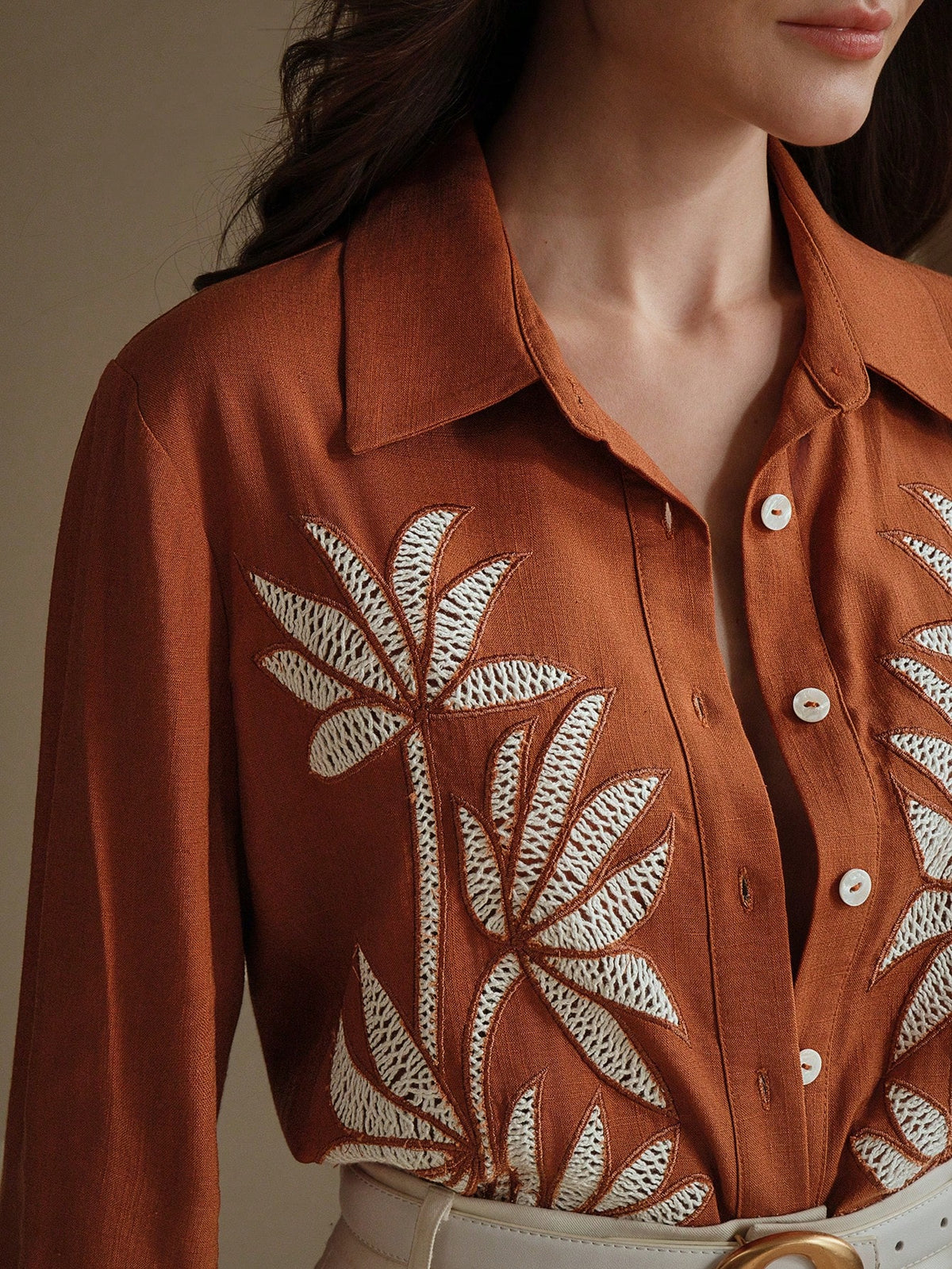 Women's Bohemian Style Embroidered Button-Front Long Sleeve Shirt