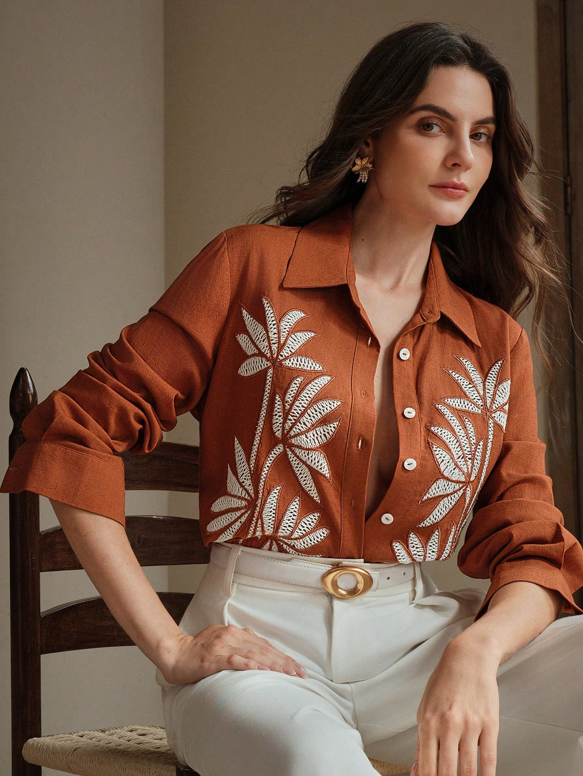 Women's Bohemian Style Embroidered Button-Front Long Sleeve Shirt