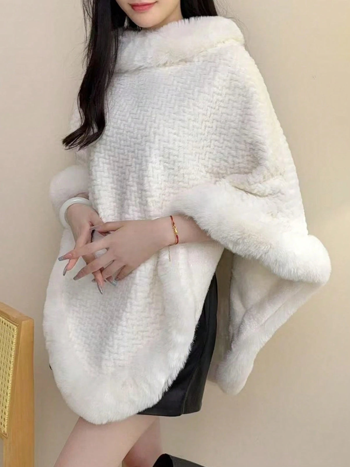 1pc Knitted Textured Women Hooded Poncho Shawl, Soft Faux Rabbit Fur Collar, Loose Fit Autumn/Winter Outerwear Cape For Dress