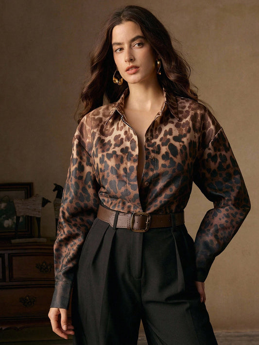 Vintage Elegant Ombre Leopard Print Stand Collar Long Sleeve Women Shirt, Suitable For Fall/Winter, Christmas, New Year, Elegant, Luxury, Chic, Casual