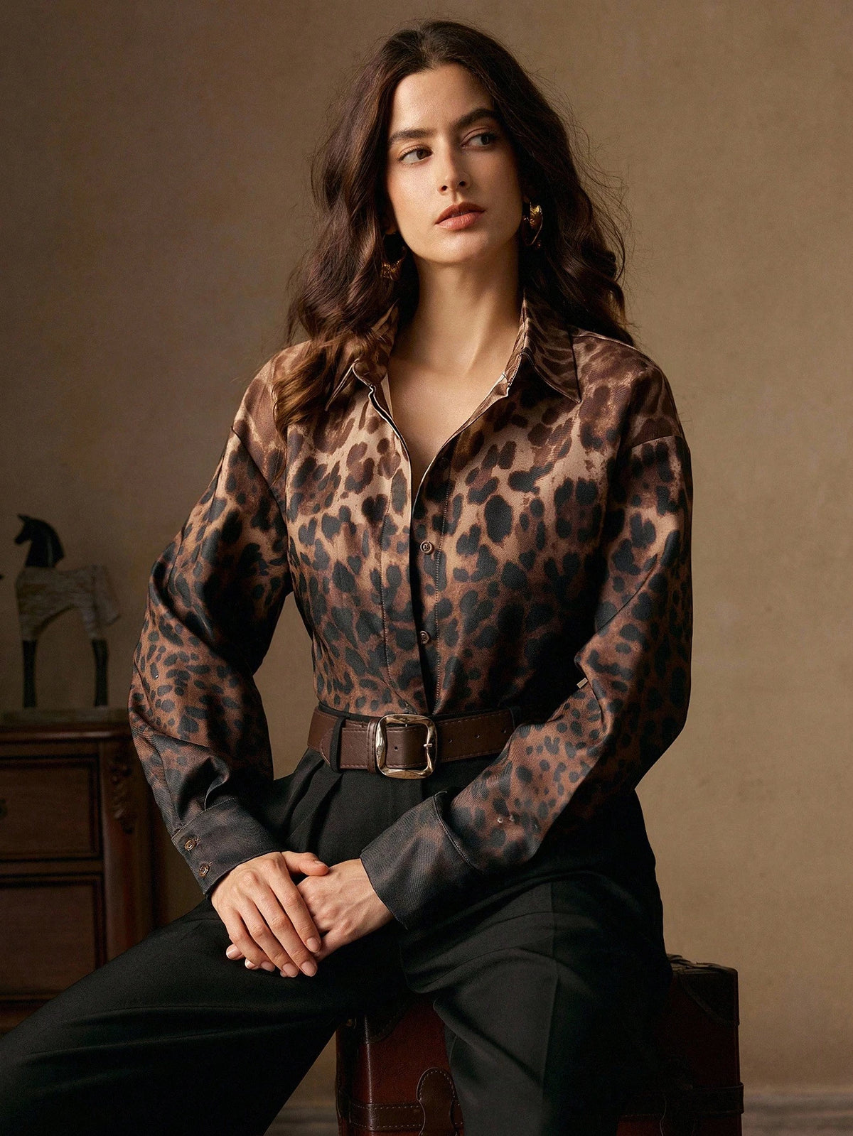Vintage Elegant Ombre Leopard Print Stand Collar Long Sleeve Women Shirt, Suitable For Fall/Winter, Christmas, New Year, Elegant, Luxury, Chic, Casual