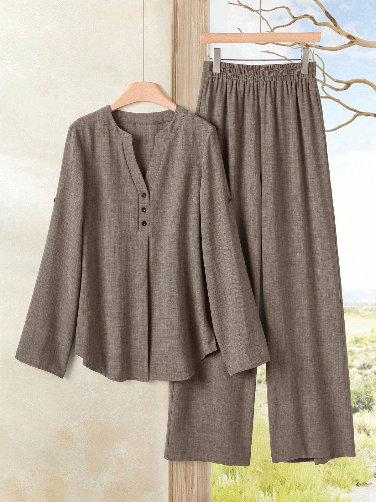 Women's Casual Solid Color Notched Neck Ruffle Sleeve Top And Elastic Waist Wide Leg Pants Set