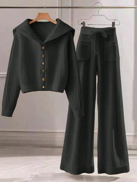 Women Casual Solid Color Knit Sweater Set, Collared Button-Up Cardigan And Front Bow Pocket Knit Pants