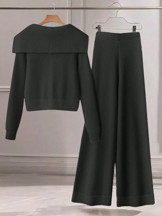 Women Casual Solid Color Knit Sweater Set, Collared Button-Up Cardigan And Front Bow Pocket Knit Pants