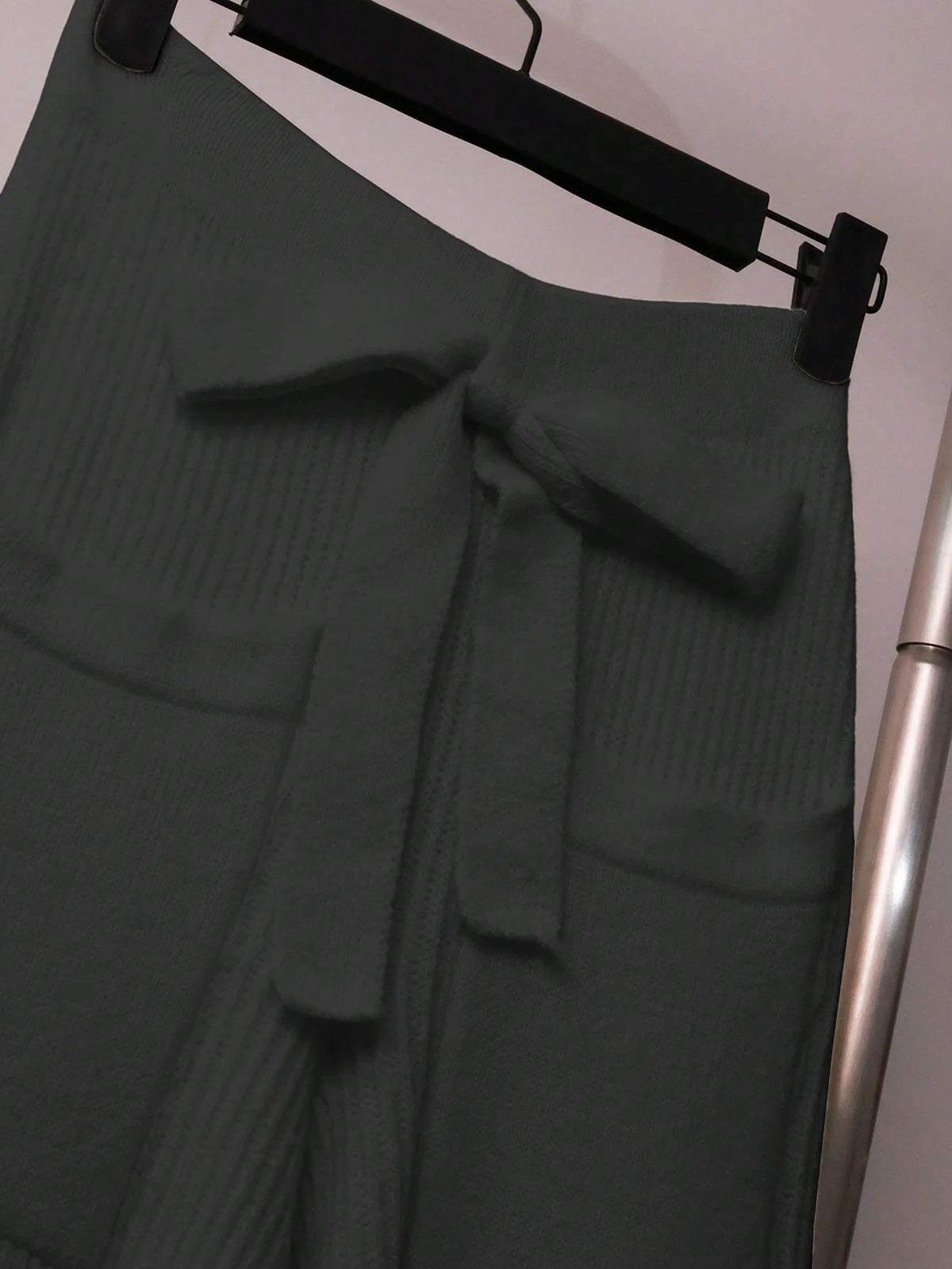 Women Casual Solid Color Knit Sweater Set, Collared Button-Up Cardigan And Front Bow Pocket Knit Pants
