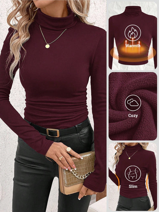 Women's Stand Collar Gathered Warm T-Shirt