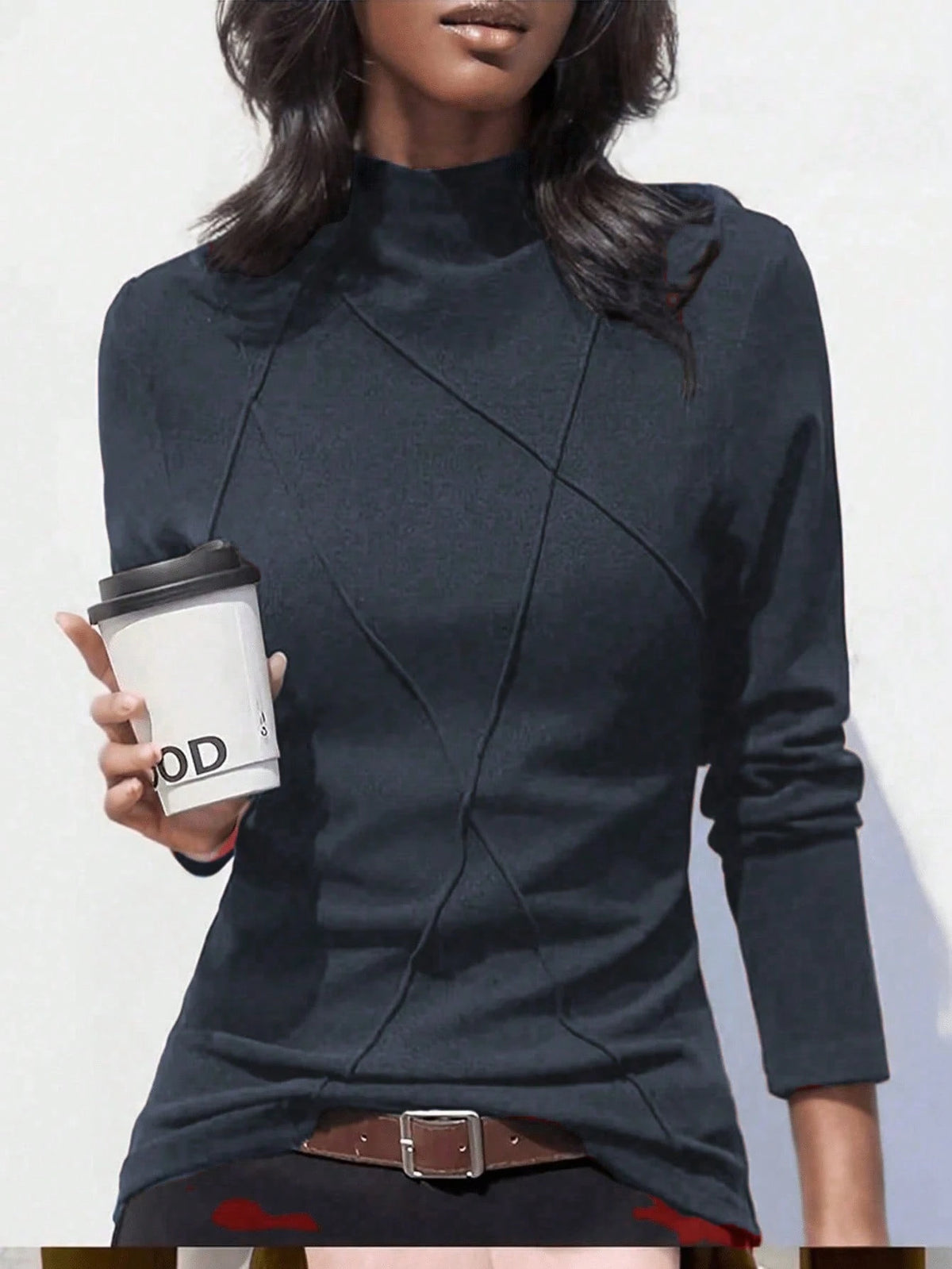 Women's Thicken Fleece Turtleneck Thermal Undershirt, Stylish Splice Rib Knit Design