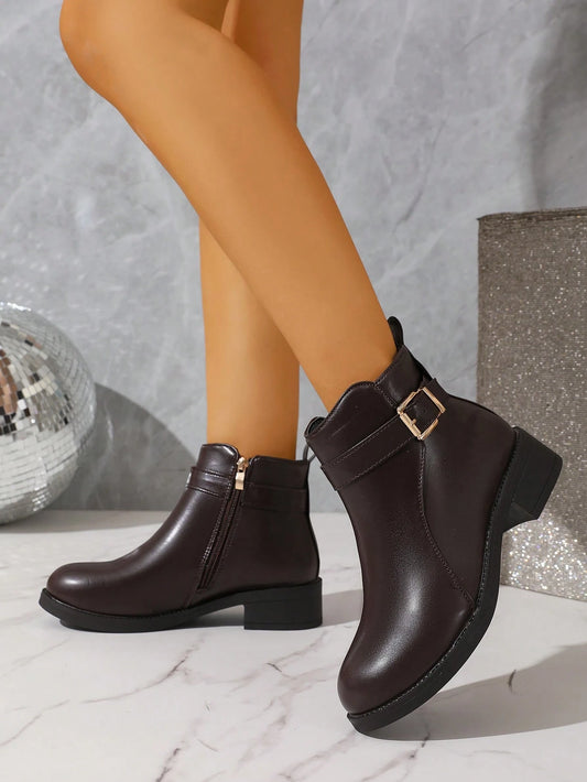 Women's Autumn/Winter Leather-Textured Boots, Side Zipper For Easy On/Off, Chunky Heel Comfortable Wear, Warm Lining, Versatile For Commute, Work, Outings, Elegant & Classy British Style Ankle Boots