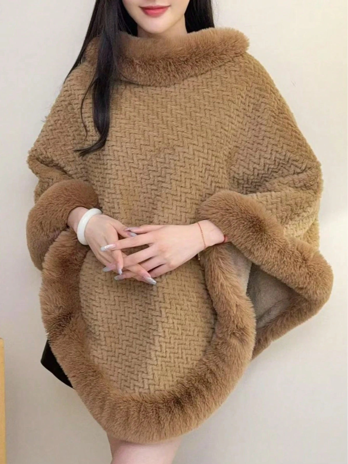 1pc Knitted Textured Women Hooded Poncho Shawl, Soft Faux Rabbit Fur Collar, Loose Fit Autumn/Winter Outerwear Cape For Dress