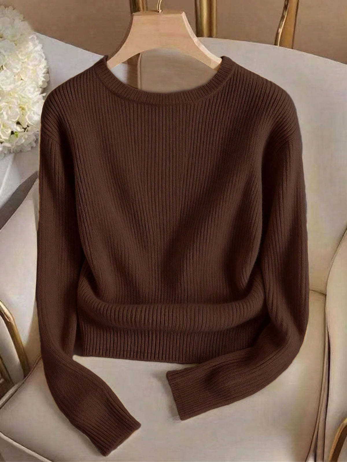 Elegant Round Neck Knit T-Shirt, Minimalist Fashion Knit Top, Autumn/Winter