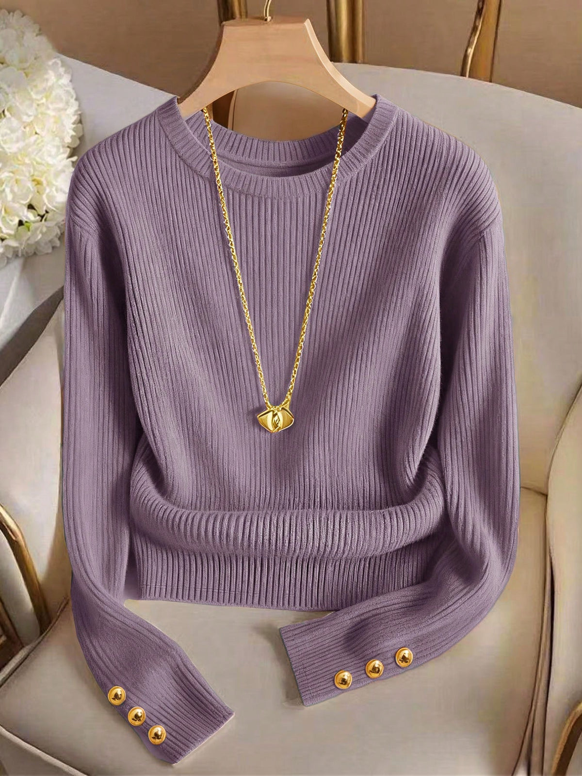 Elegant Round Neck Knit T-Shirt, Minimalist Fashion Knit Top, Autumn/Winter