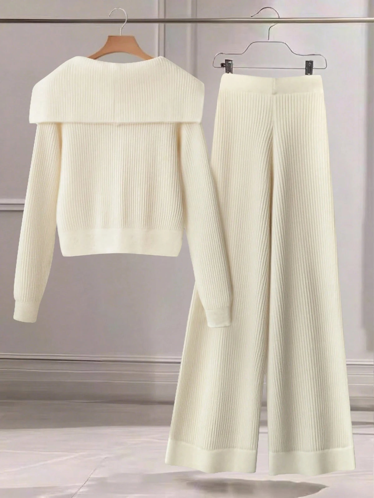 Women Casual Solid Color Knit Sweater Set, Collared Button-Up Cardigan And Front Bow Pocket Knit Pants