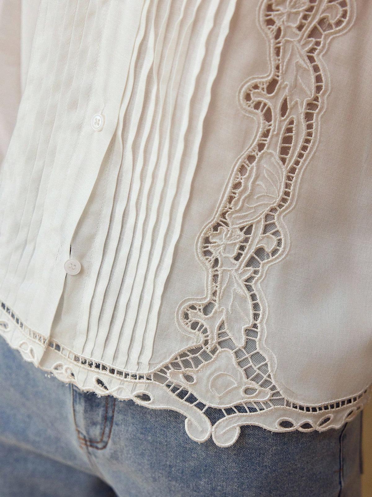 Premium Women's Perforated Embroidered Pleated Cotton Linen Blouse