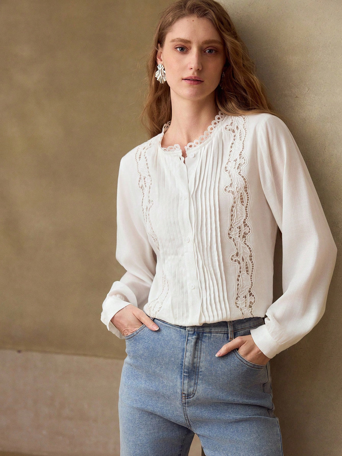 Premium Women's Perforated Embroidered Pleated Cotton Linen Blouse