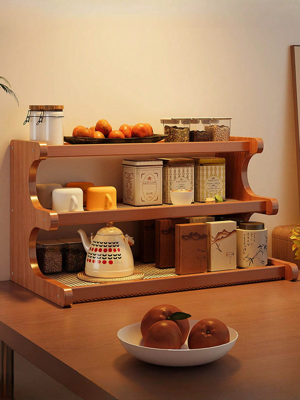 Wooden Trapezoidal Rattan Multi-Tiered Storage Shelf, Bookshelf, Kitchen And Office Use, Home Essentials