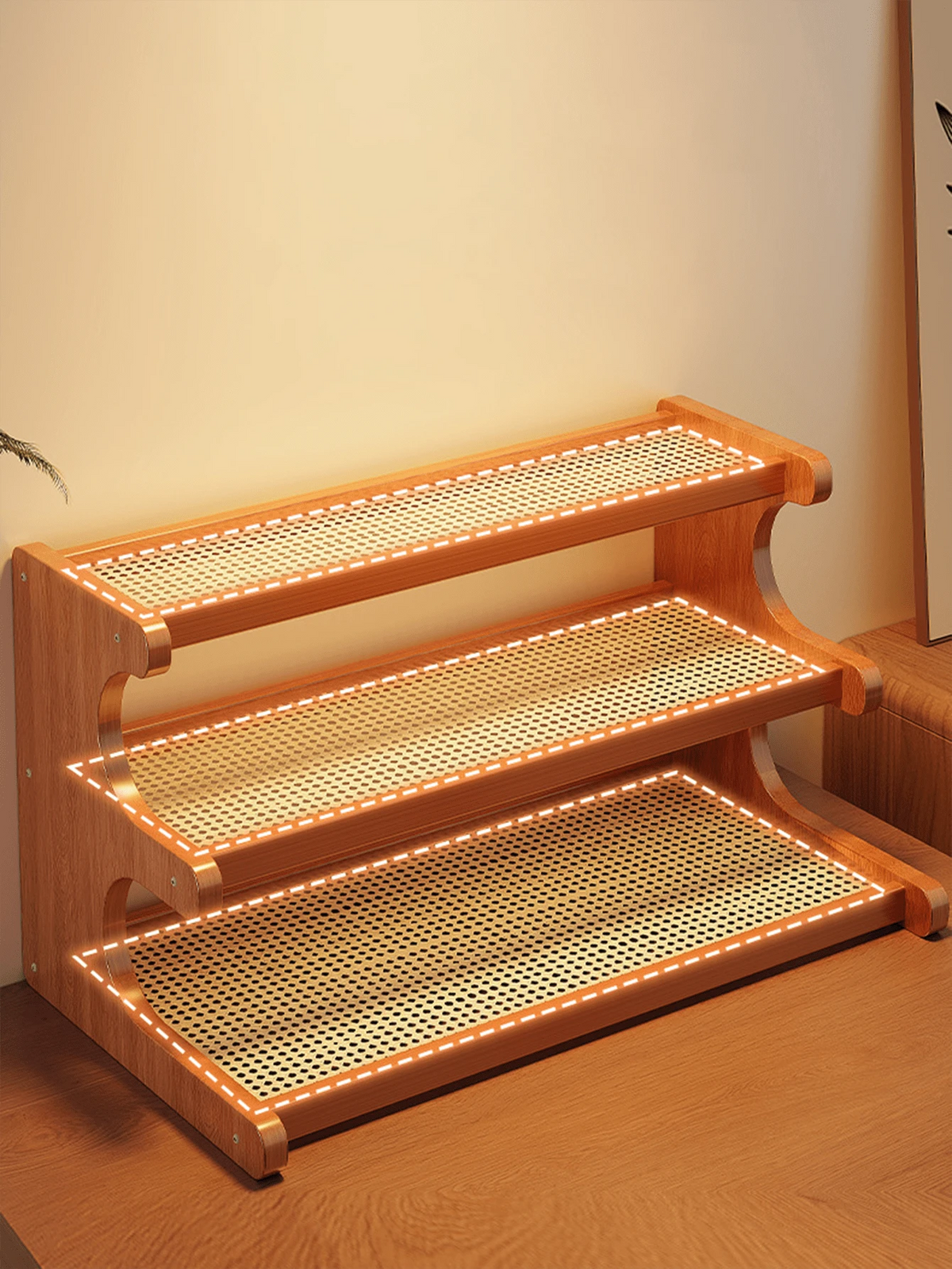 Wooden Trapezoidal Rattan Multi-Tiered Storage Shelf, Bookshelf, Kitchen And Office Use, Home Essentials