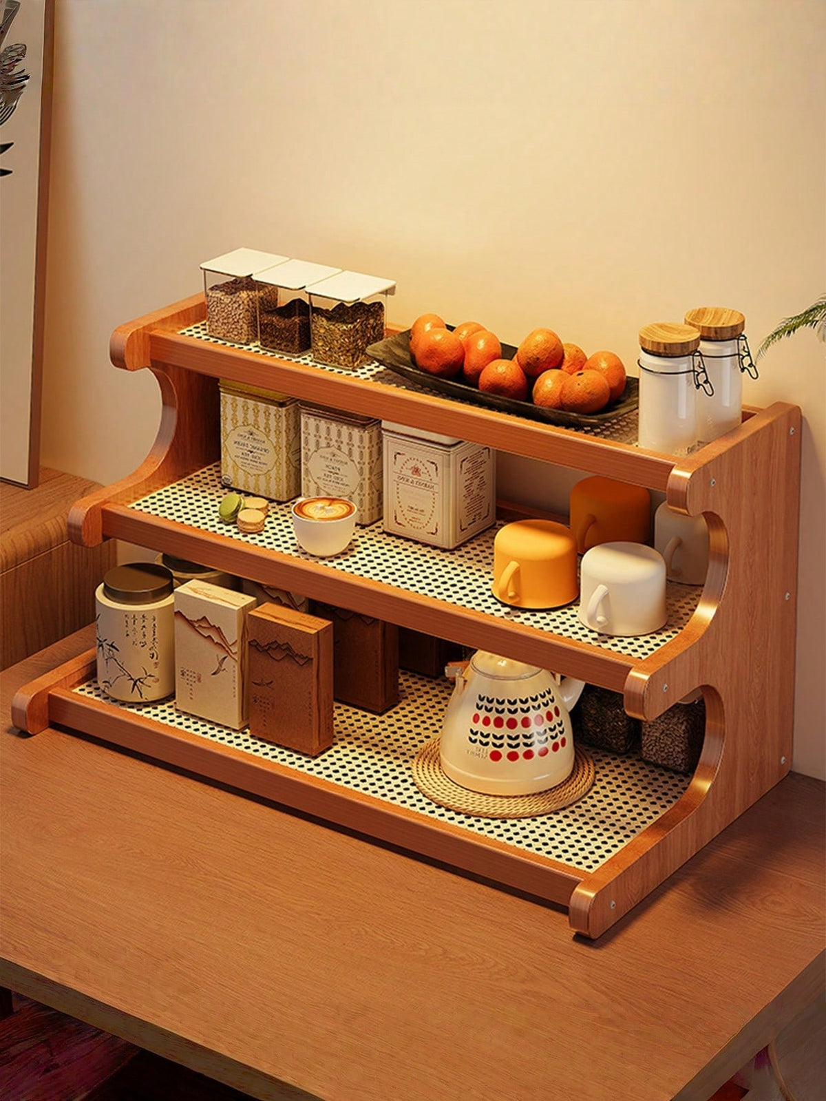 Wooden Trapezoidal Rattan Multi-Tiered Storage Shelf, Bookshelf, Kitchen And Office Use, Home Essentials
