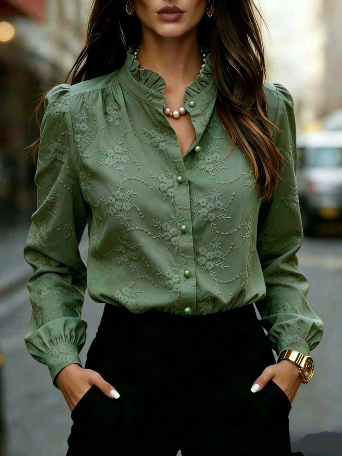 Women's Solid Color Long Sleeve Shirt With Floral Embroidery