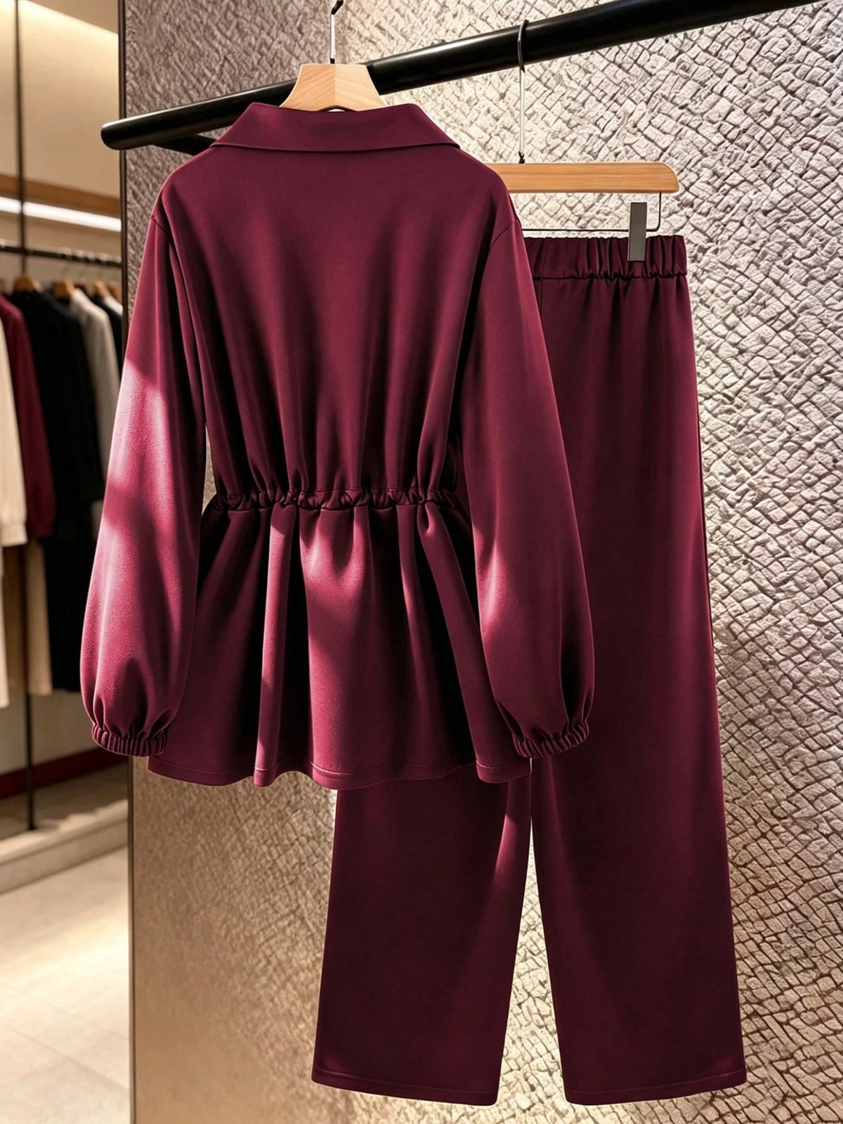 Women's Basic High Collar Cinched Waist Zip-Up Casual Two Pieces Set
