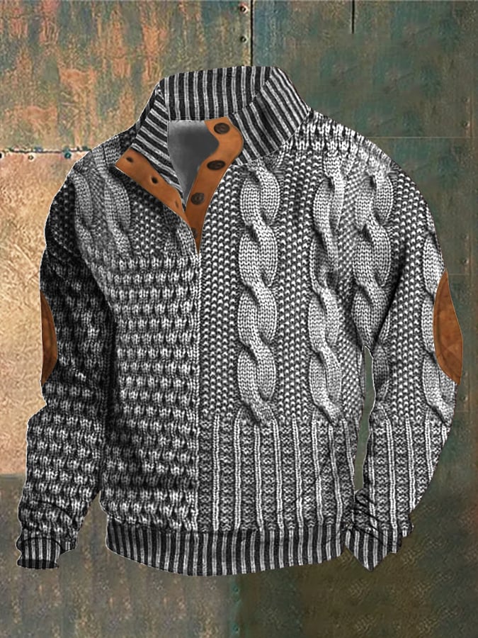 Men's Casual Retro Cashmere Stand Collar Button Sweatshirt
